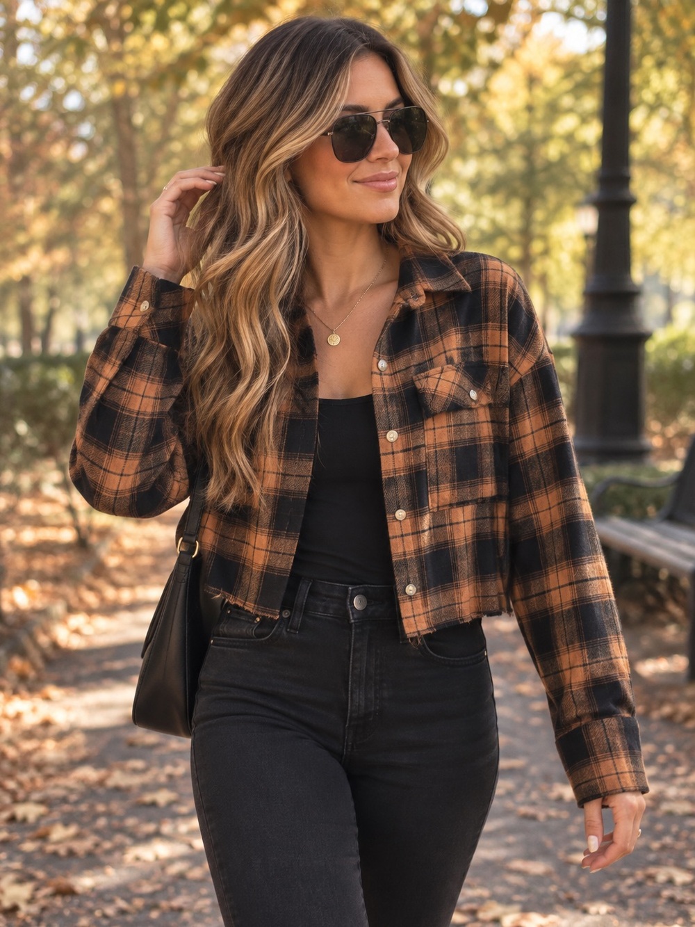 Love Notes Cropped Plaid Flannel Button Up Shirt Size S Black & Orange